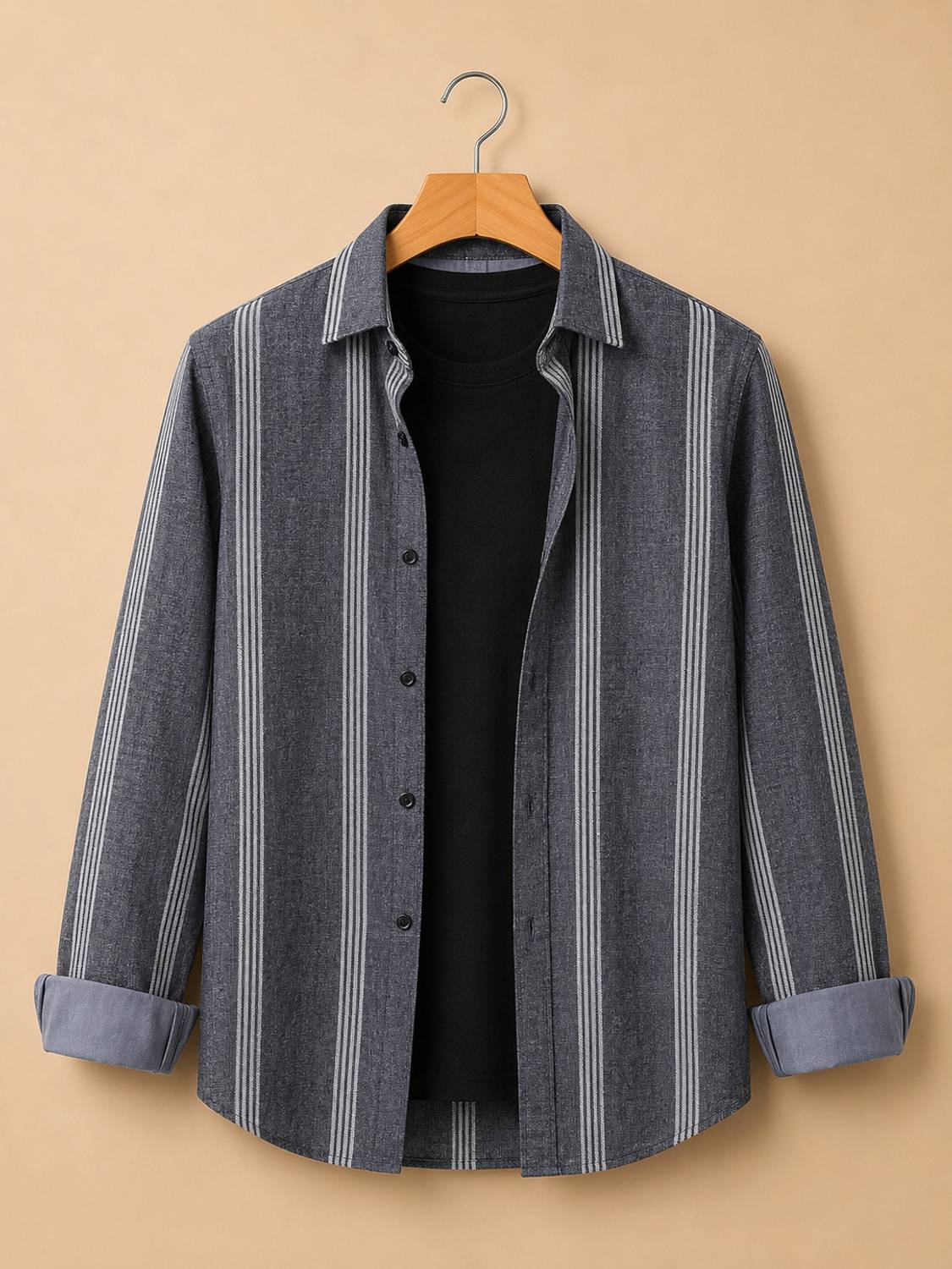 RODEIZ Men Striped Casual Grey Shirt