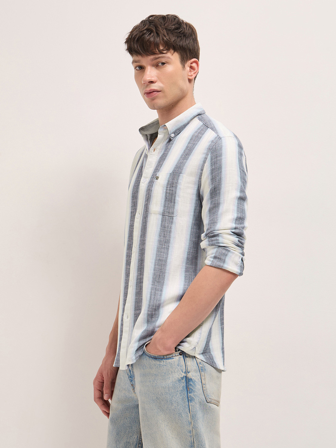Image of THE BEAR HOUSE Men Striped Casual Blue Shirt