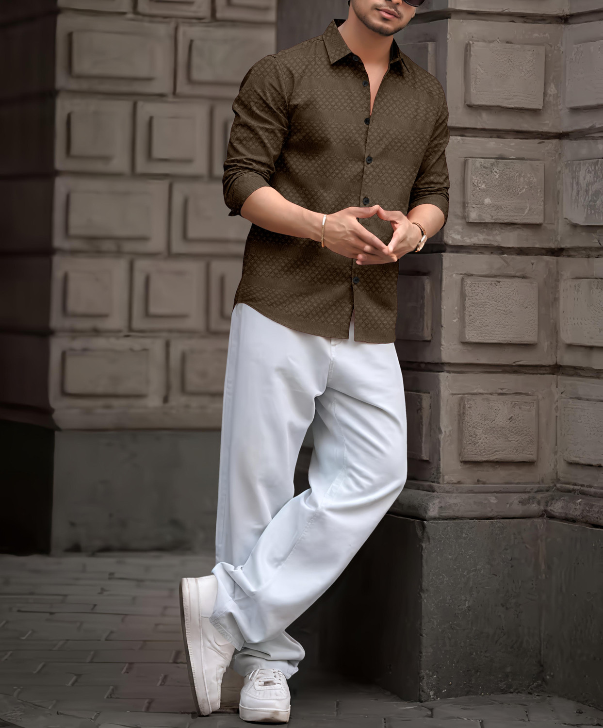 Image of VELLOSTA Men Self Design Casual Brown Shirt