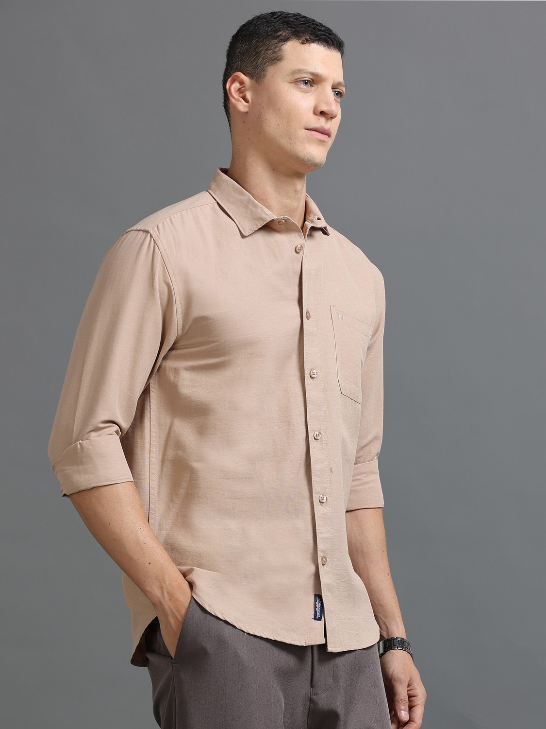 Image of Tom Mackler Men Solid Casual Beige Shirt