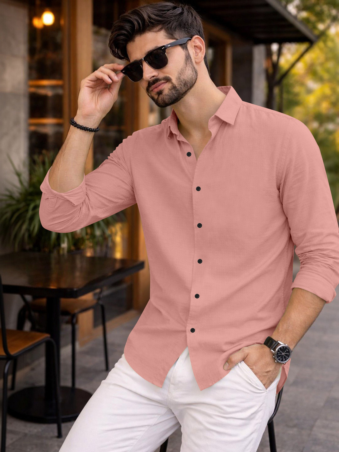 Image of Mameru Men Regular Fit Solid Cut Away Collar Casual Shirt