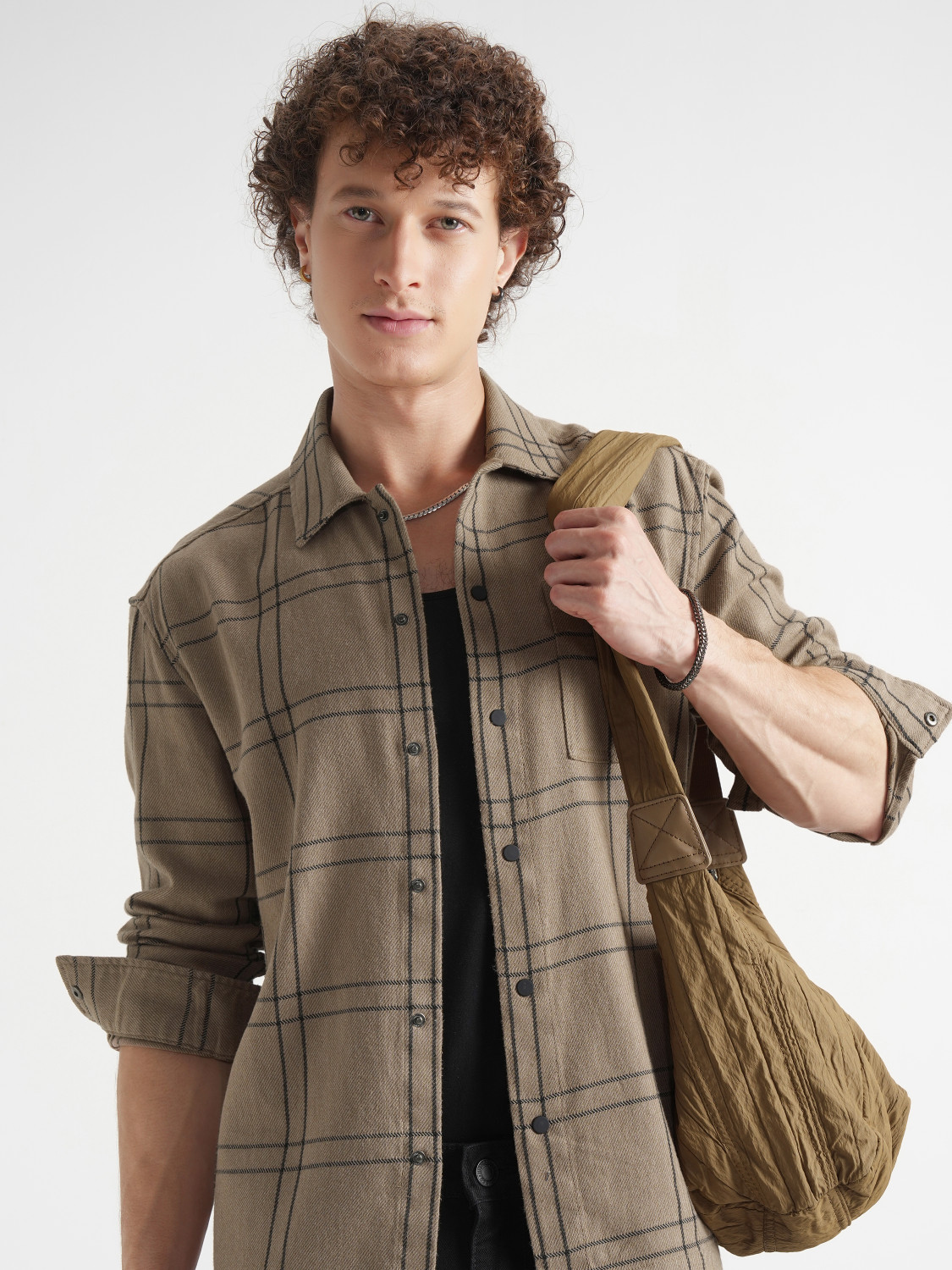 Image of HIGHLANDER Men Checkered Casual Khaki Shirt