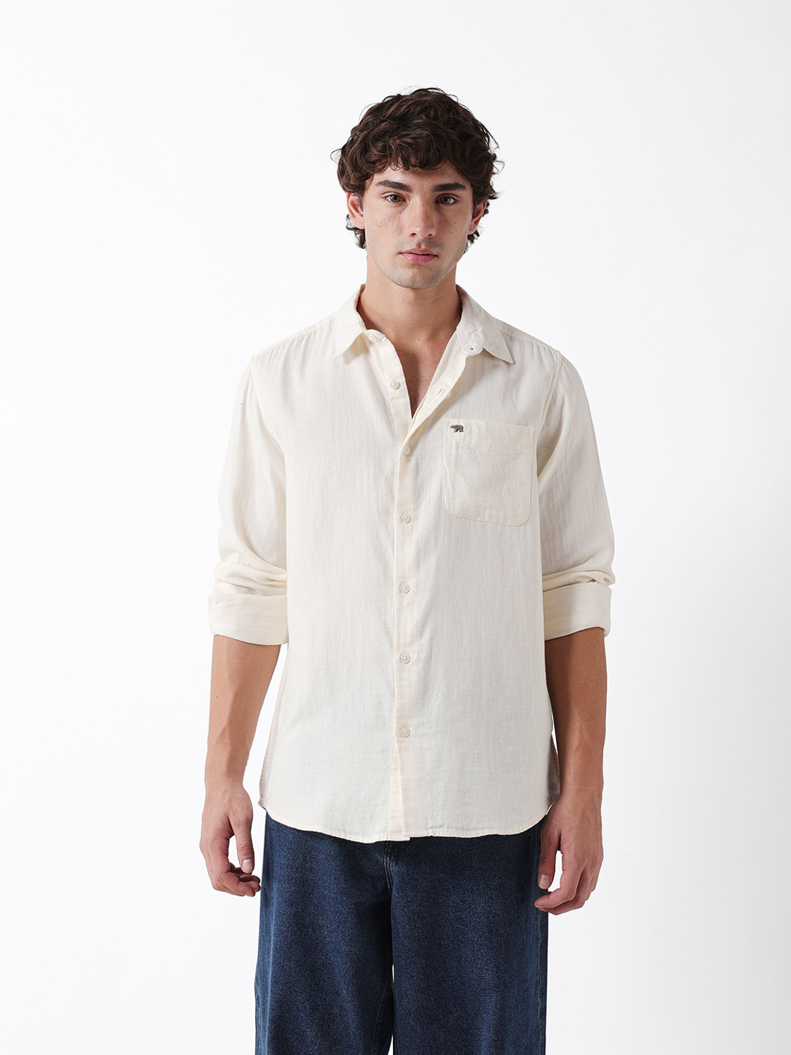 Image of THE BEAR HOUSE Men Solid Casual Beige Shirt