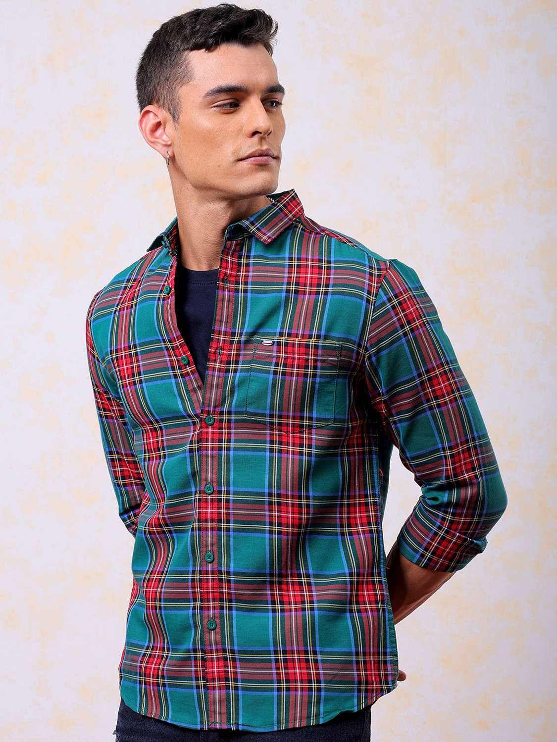 Image of The Indian Garage Co. Men Checkered Casual Green Shirt