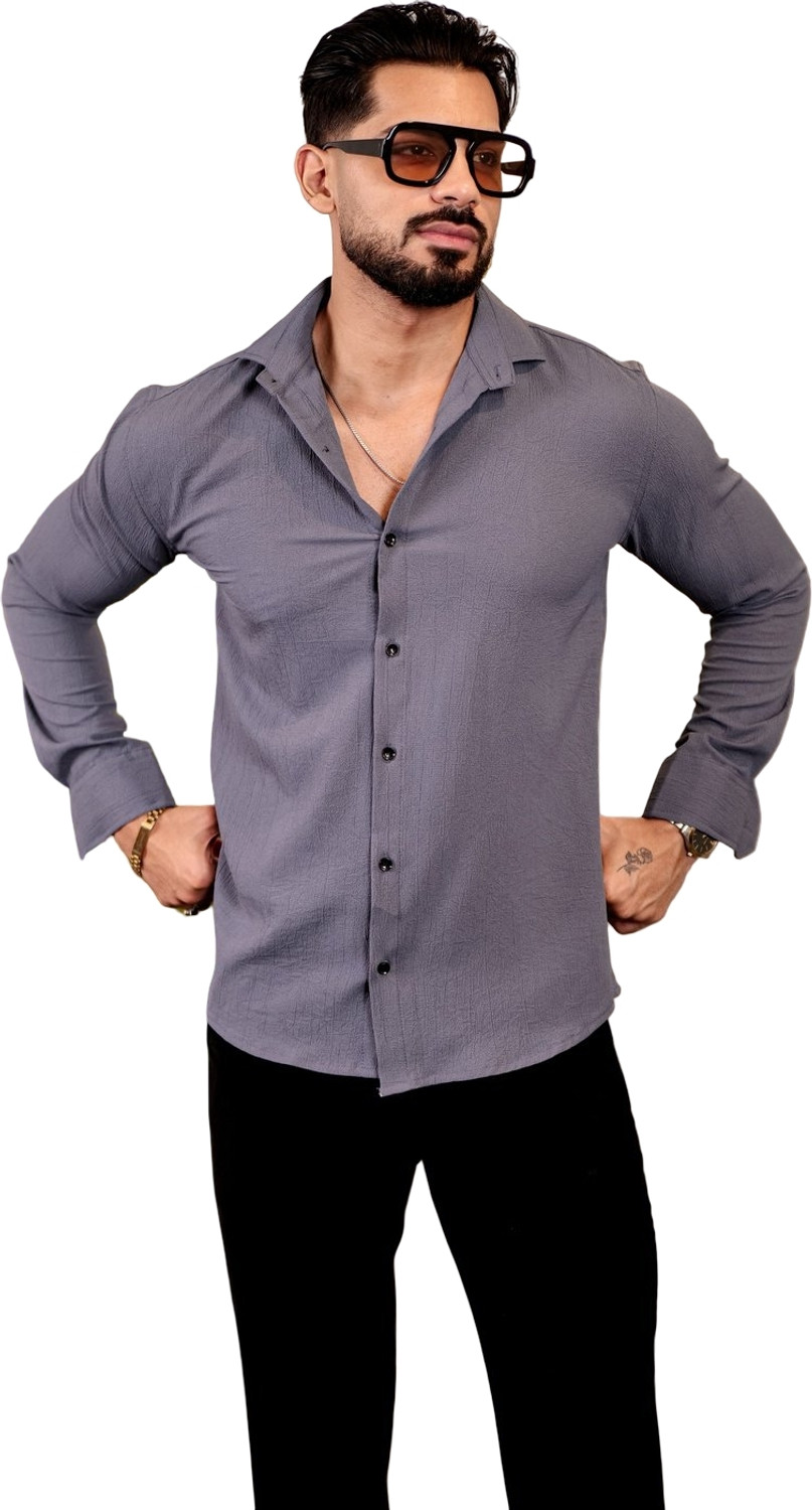 Image of Khushi Creation Men Solid Casual Grey Shirt