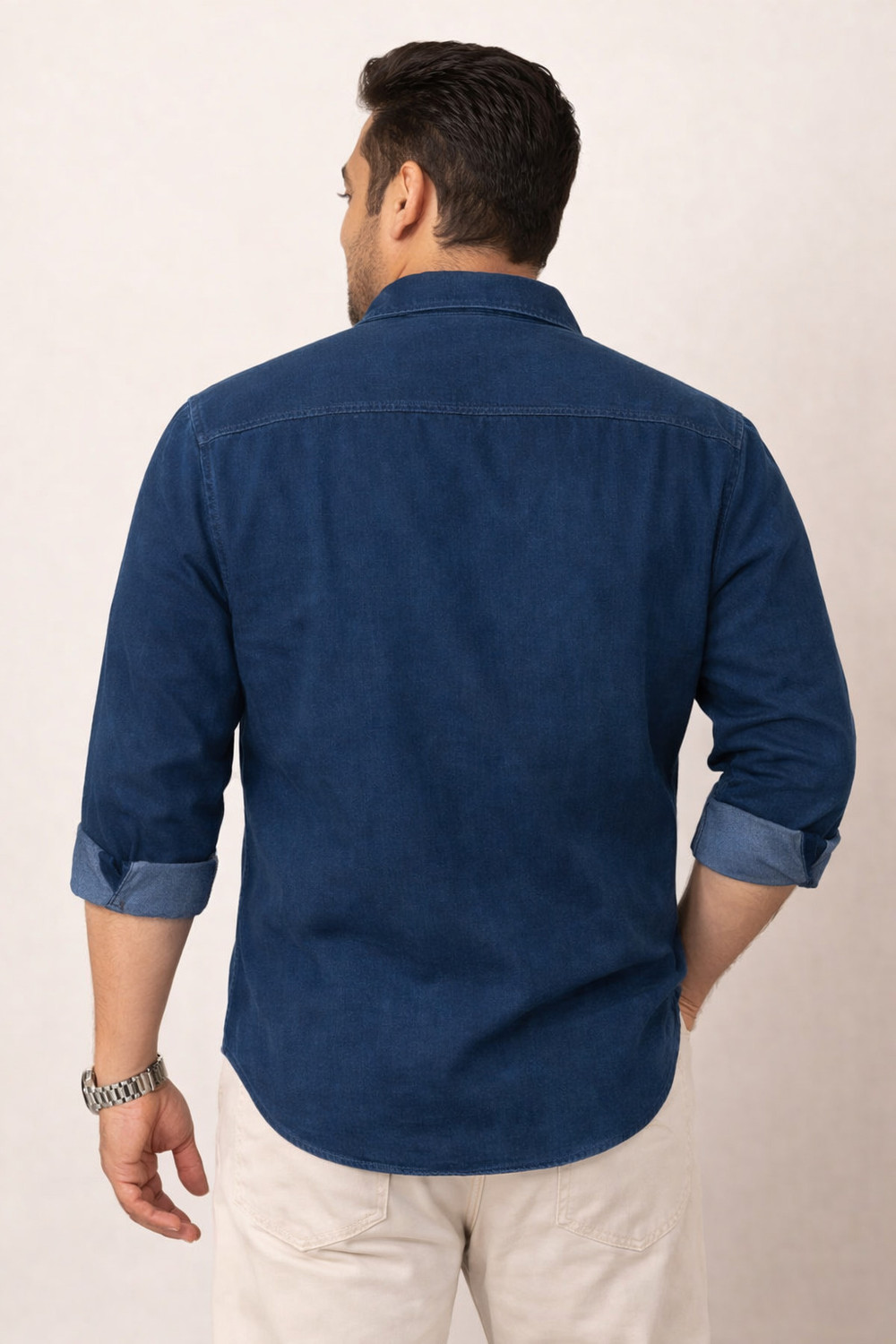 Image of FDN Men Solid Casual Dark Blue Shirt