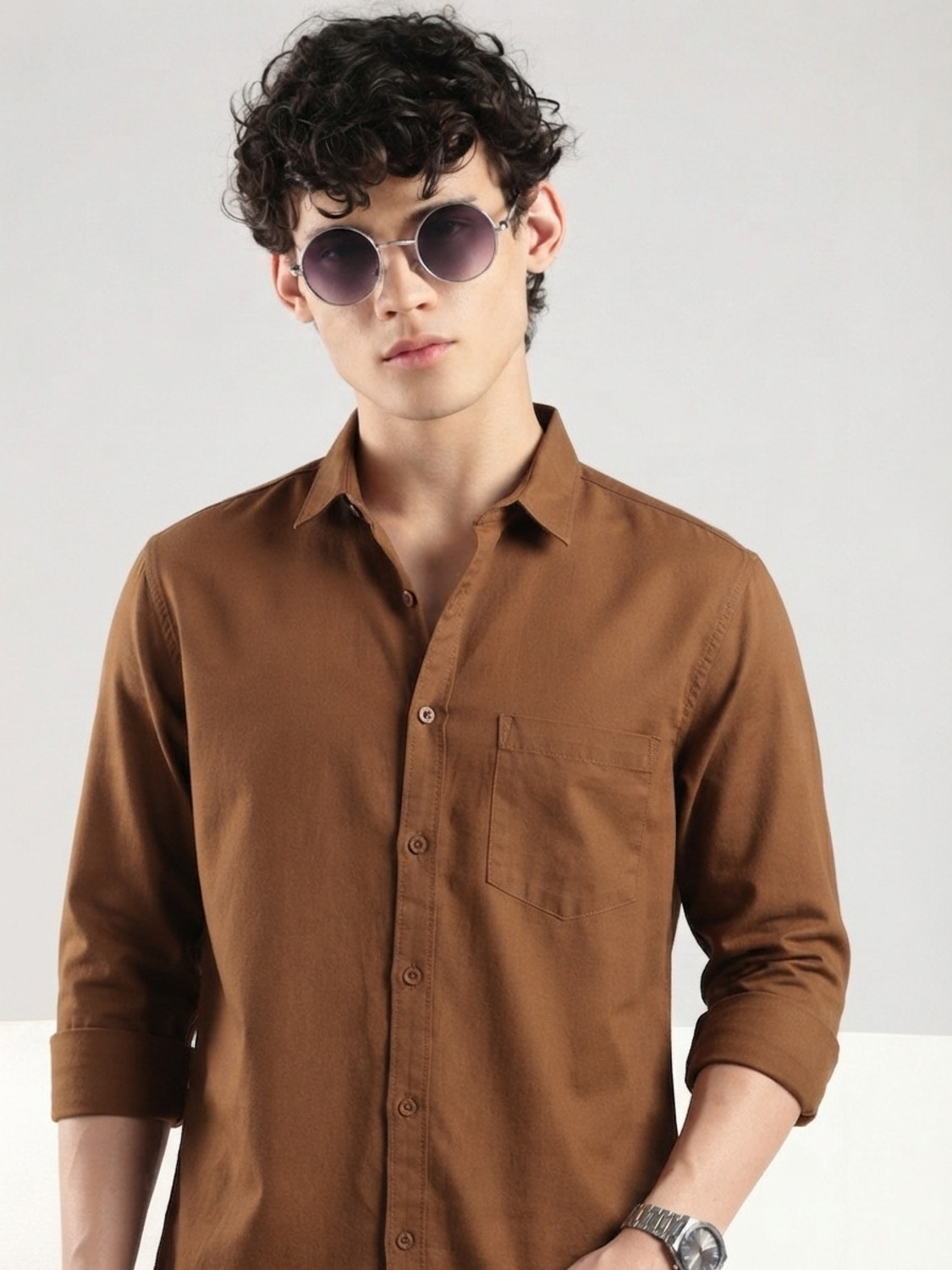 Image of Roadster Men Solid Casual Brown Shirt