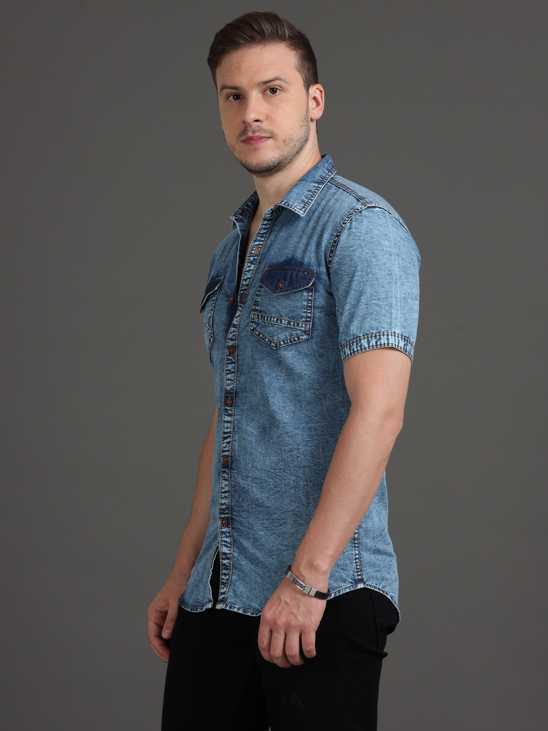 Image of PRINTOUT Men Solid Casual Blue Shirt