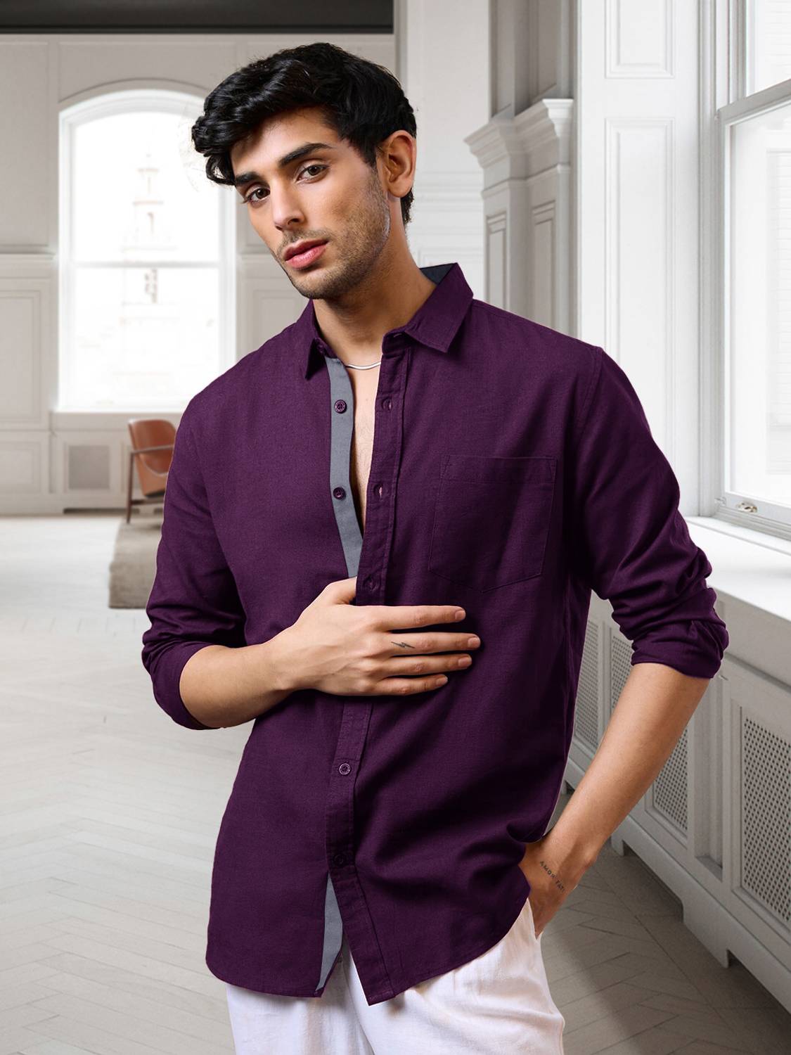 7Threads Men Solid Formal Purple Shirt