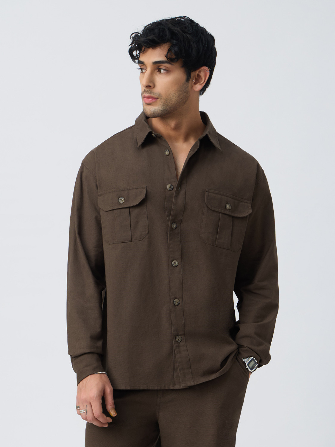 Image of The Souled Store Men Solid Casual Brown Shirt