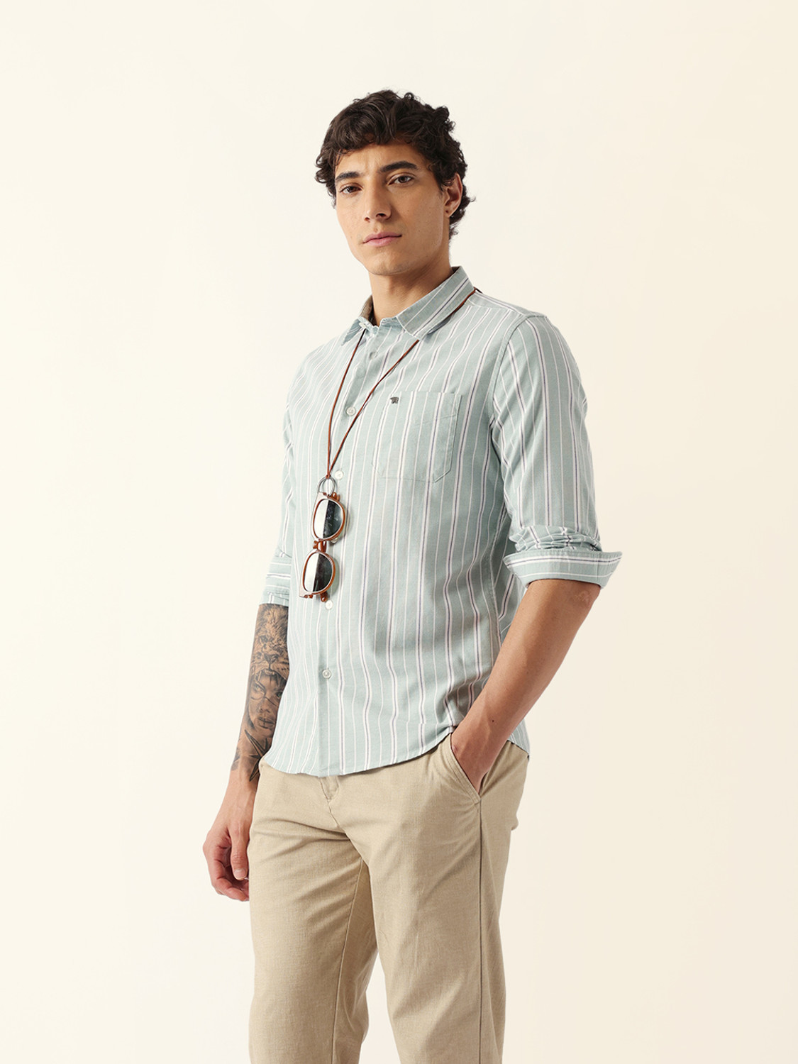 Image of THE BEAR HOUSE Men Striped Casual Light Green Shirt