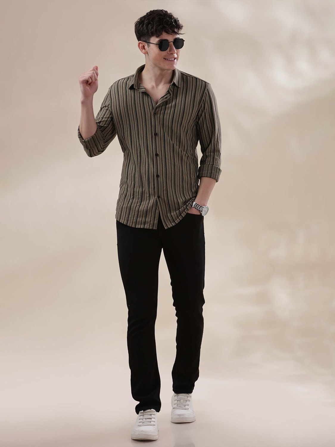 Image of HERE&NOW Men Self Design Casual Green Shirt