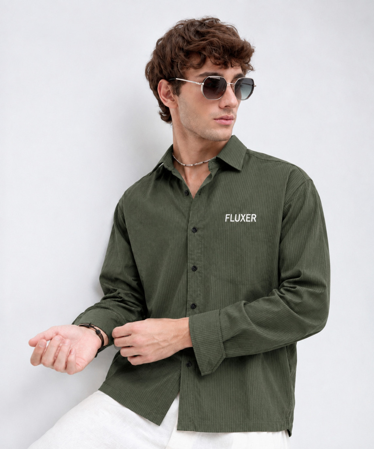Image of Fluxer Men Boxy Fit Self Design Spread Collar Casual Shirt