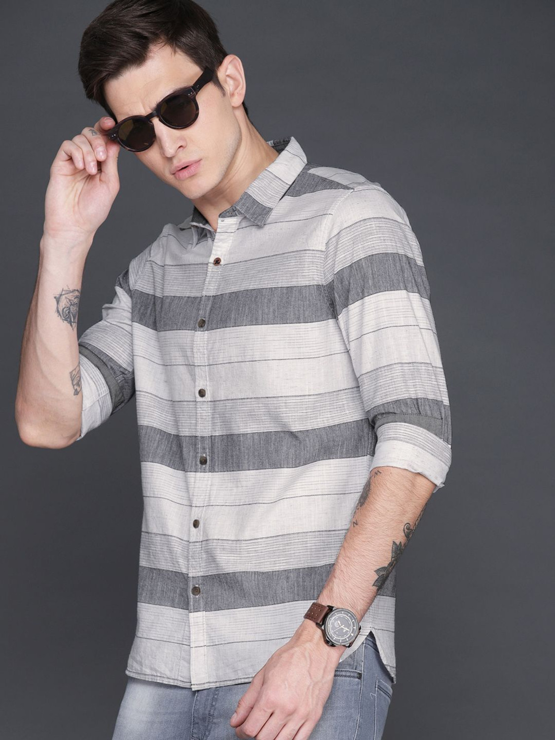 Image of WROGN Men Striped Casual White, Grey Shirt