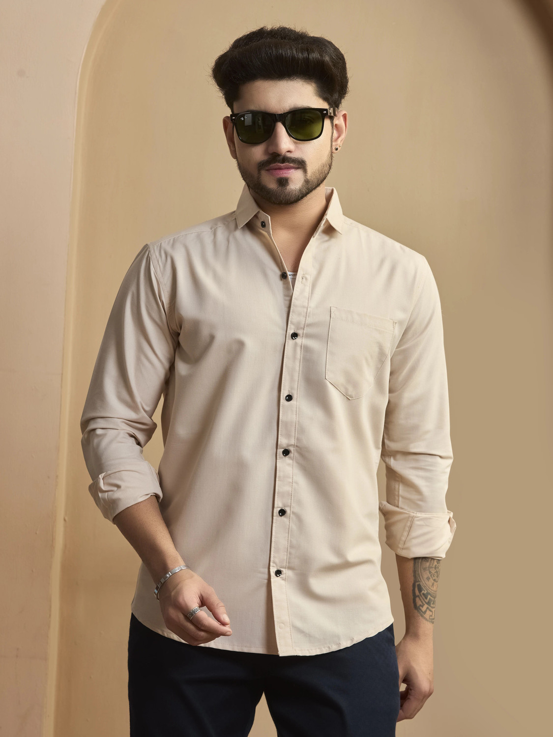 Image of STONEBERG Men Solid Formal Cream Shirt
