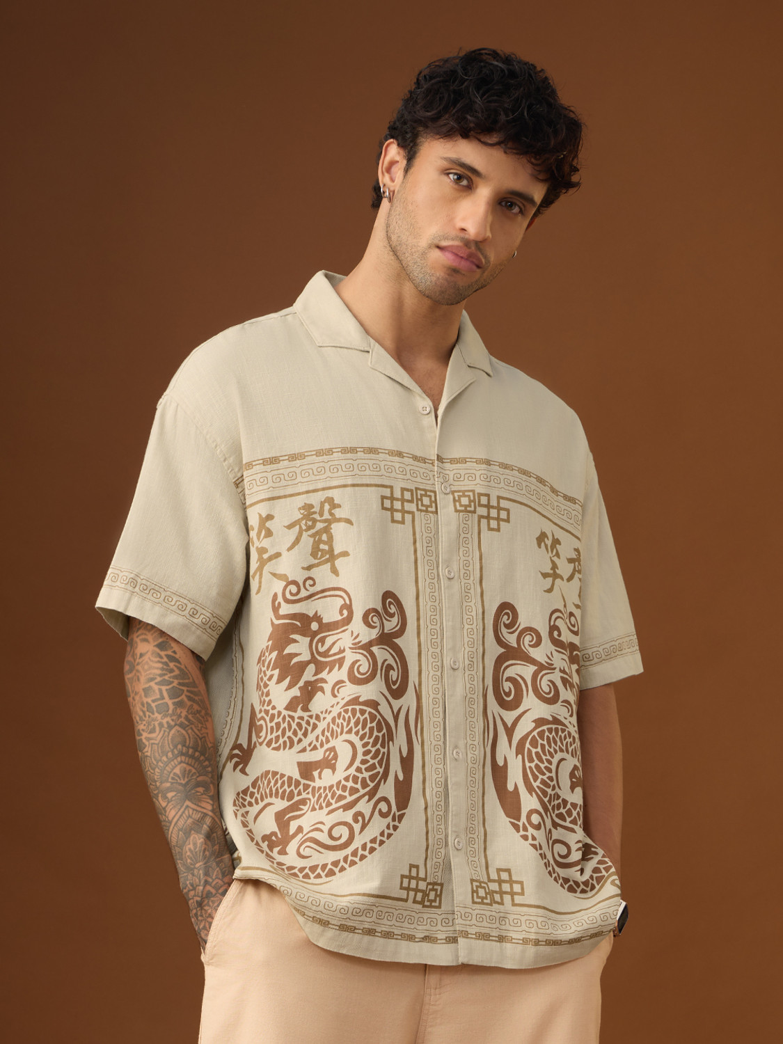 Image of The Souled Store Men Graphic Print Casual Beige Shirt