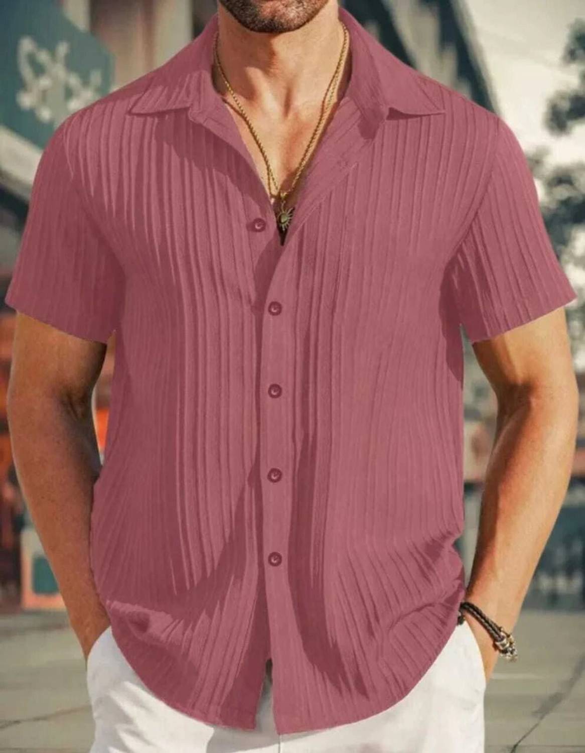 VRLOOKS Men Self Design Casual Pink Shirt