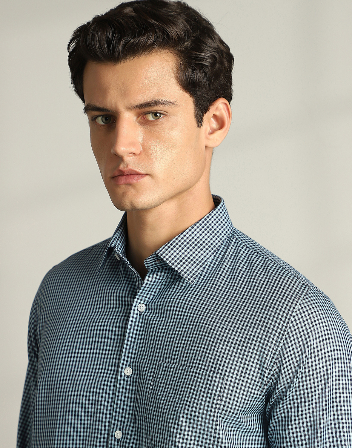 Image of VAN HEUSEN Men Checkered Formal Blue Shirt