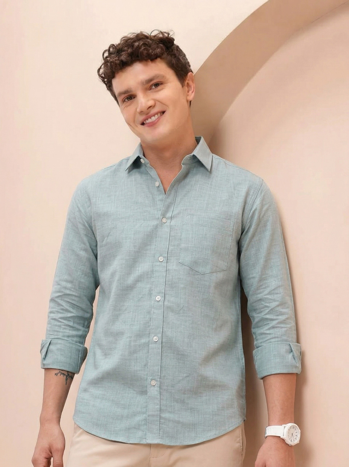 Image of greet fashion Men Solid Casual Light Green Shirt
