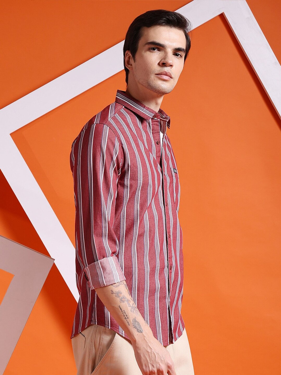 Image of The Indian Garage Co. Men Striped Casual Brown Shirt