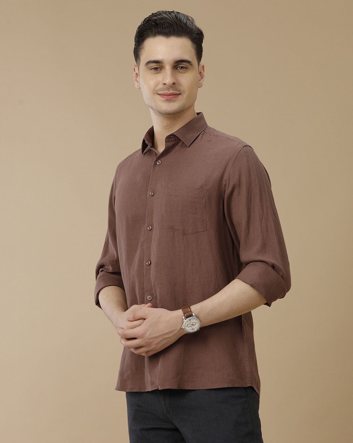 Image of Linen Club Men Solid Casual Brown Shirt