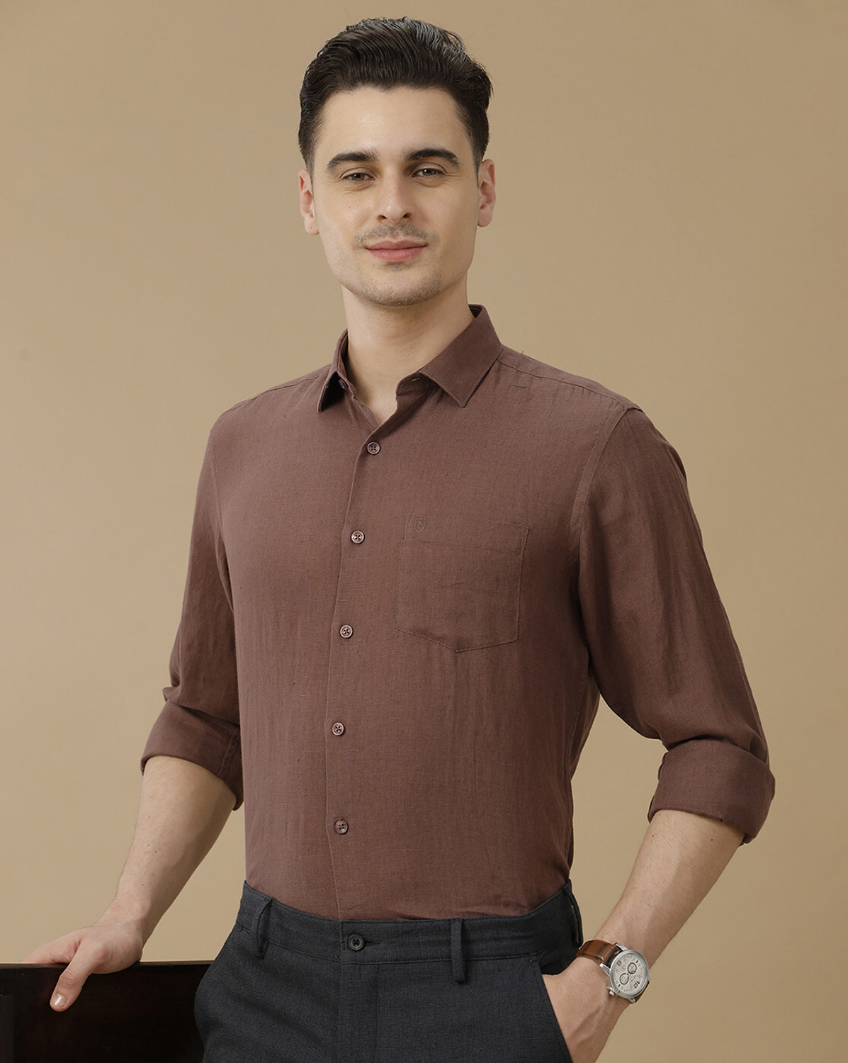 Image of Linen Club Men Solid Casual Brown Shirt