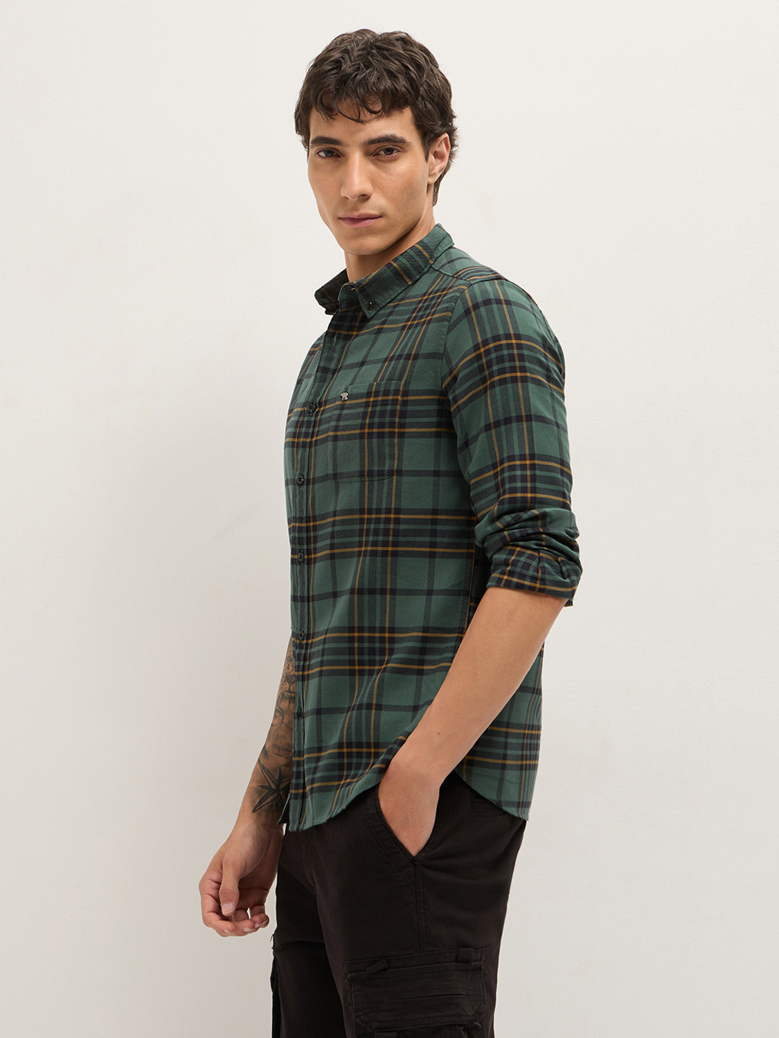 Image of THE BEAR HOUSE Men Checkered Casual Green Shirt