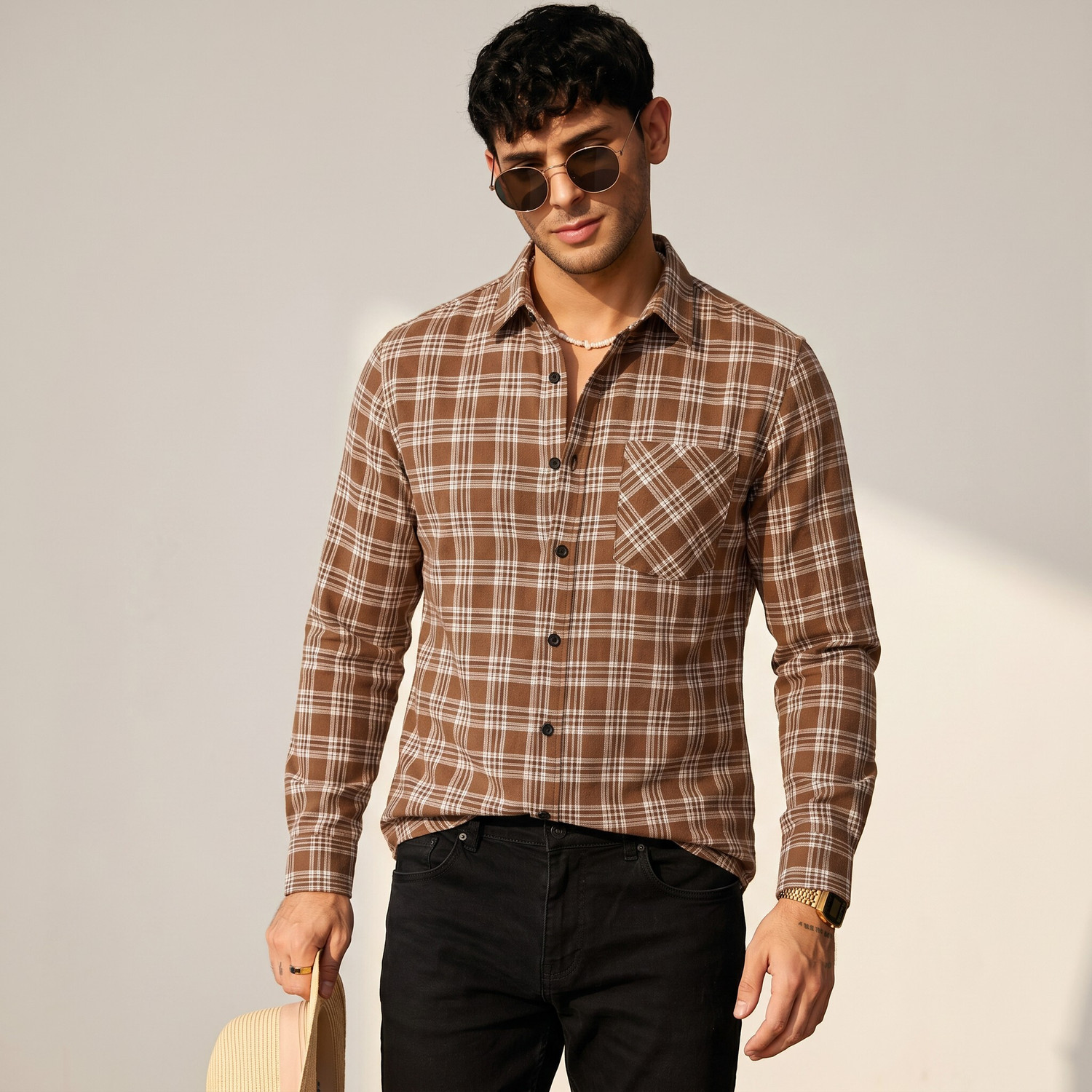 Image of MBF66 Men Checkered Casual Brown, Blue, Pink Shirt