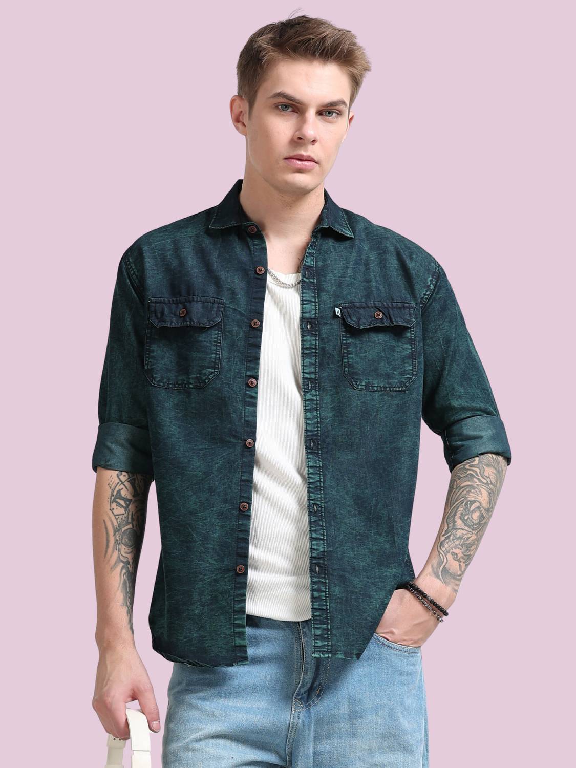 AIDAN Paul Men Washed Casual Green Shirt - Image 5