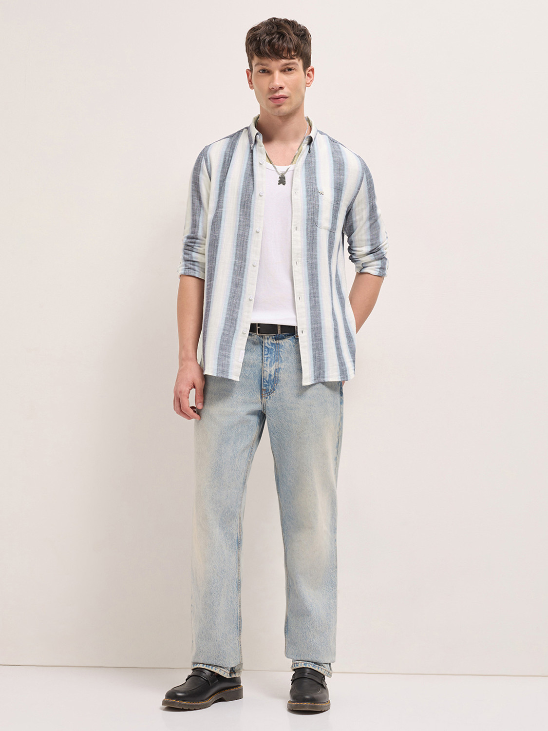 Image of THE BEAR HOUSE Men Striped Casual Blue Shirt