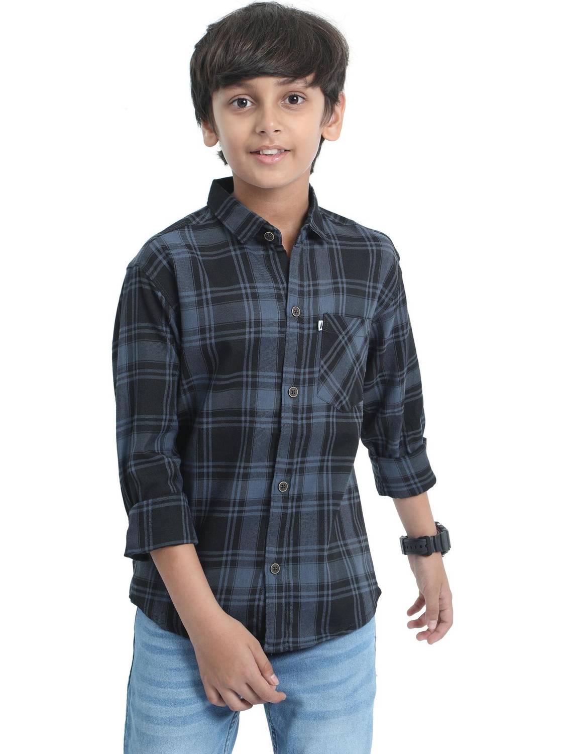 ALLWIN PAUL Boys Checkered Casual Black, Blue Shirt
