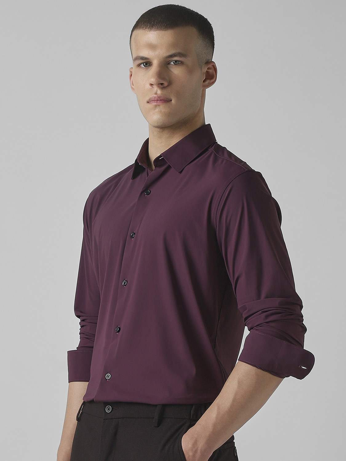 Image of MUFTI Men Solid Formal Maroon Shirt