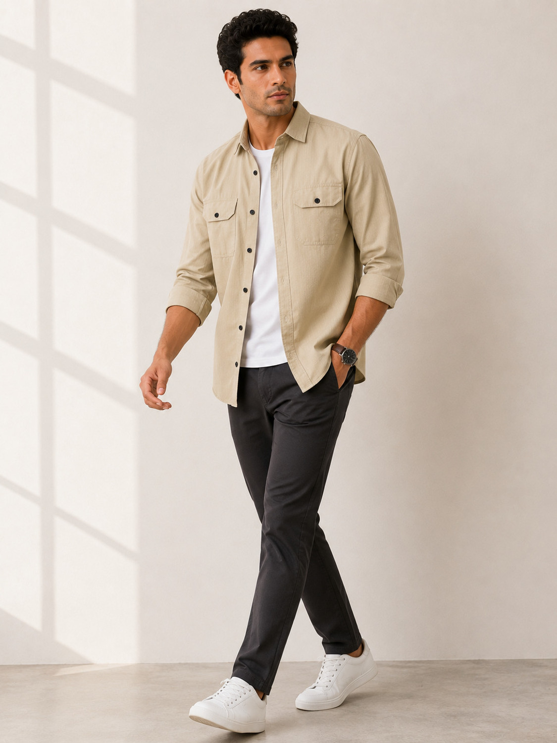 Image of Lyphy Men Solid Casual Beige Shirt