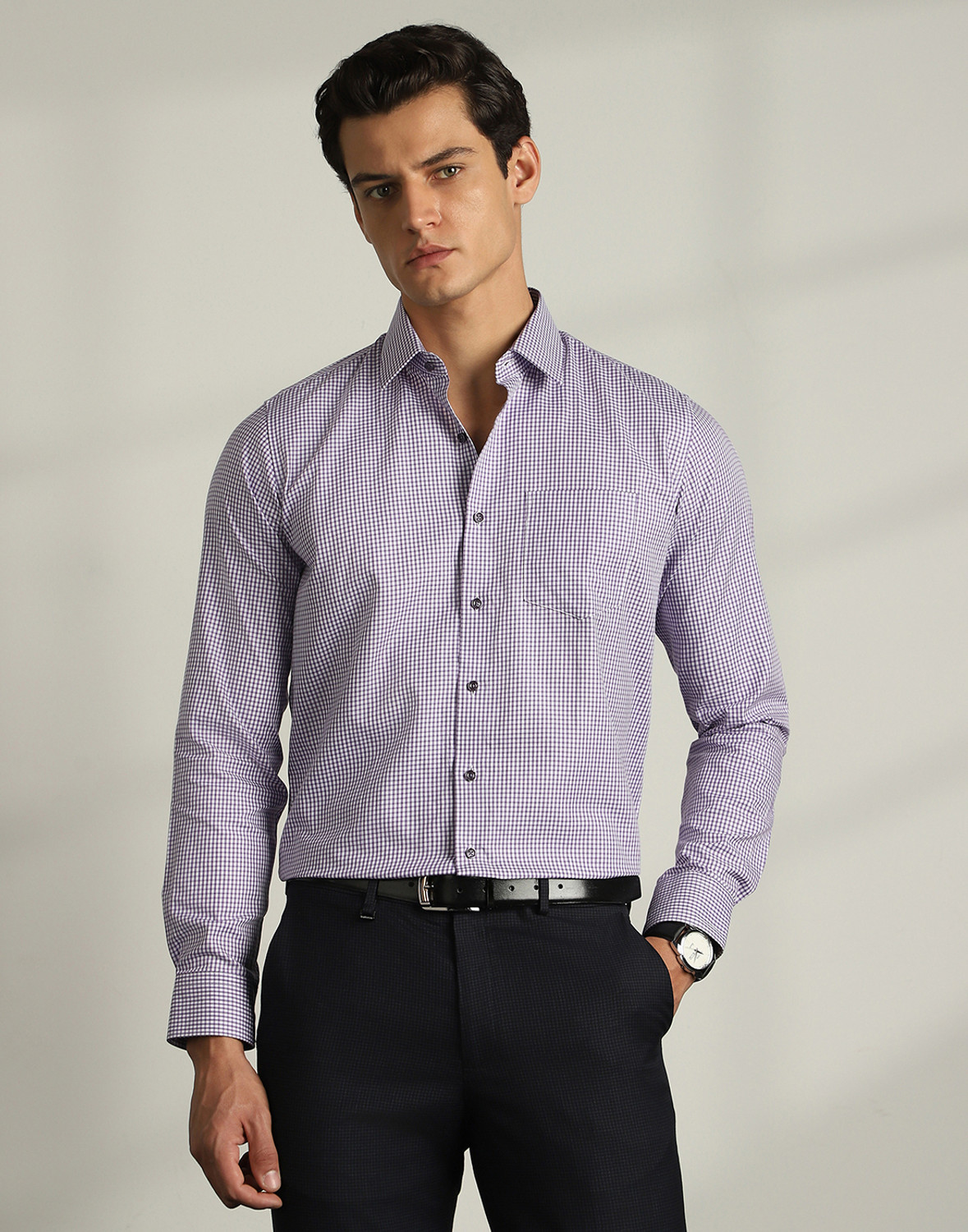 Image of VAN HEUSEN Men Checkered Formal Purple Shirt