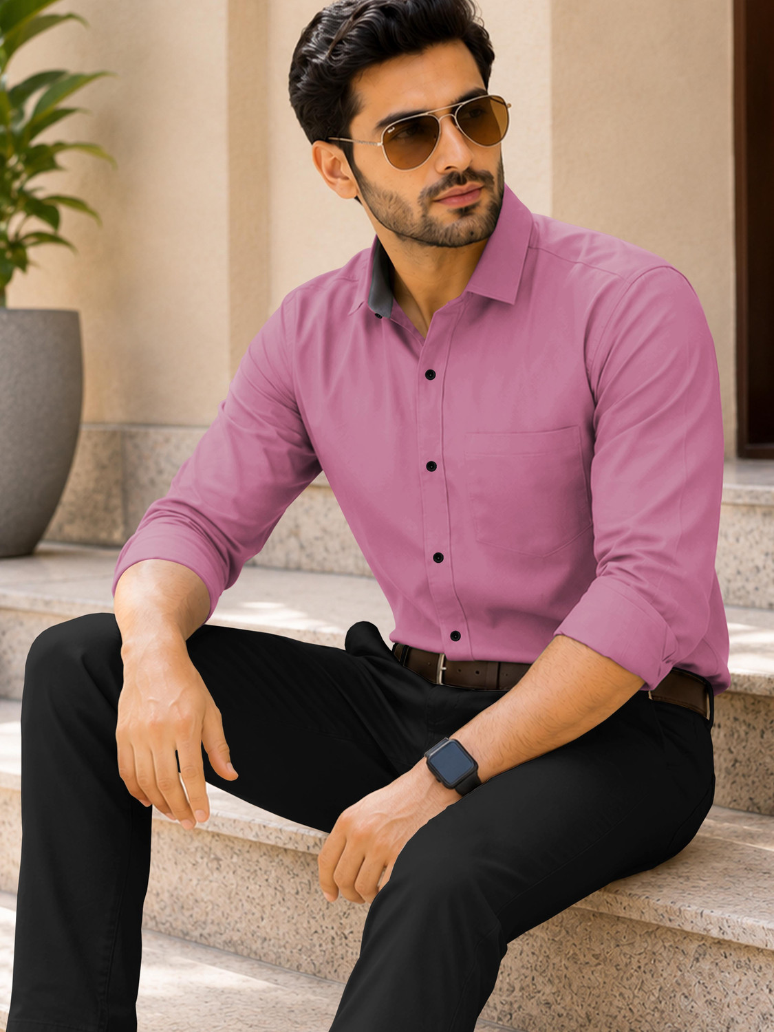 Image of VeBNoR Men Solid Casual Pink Shirt