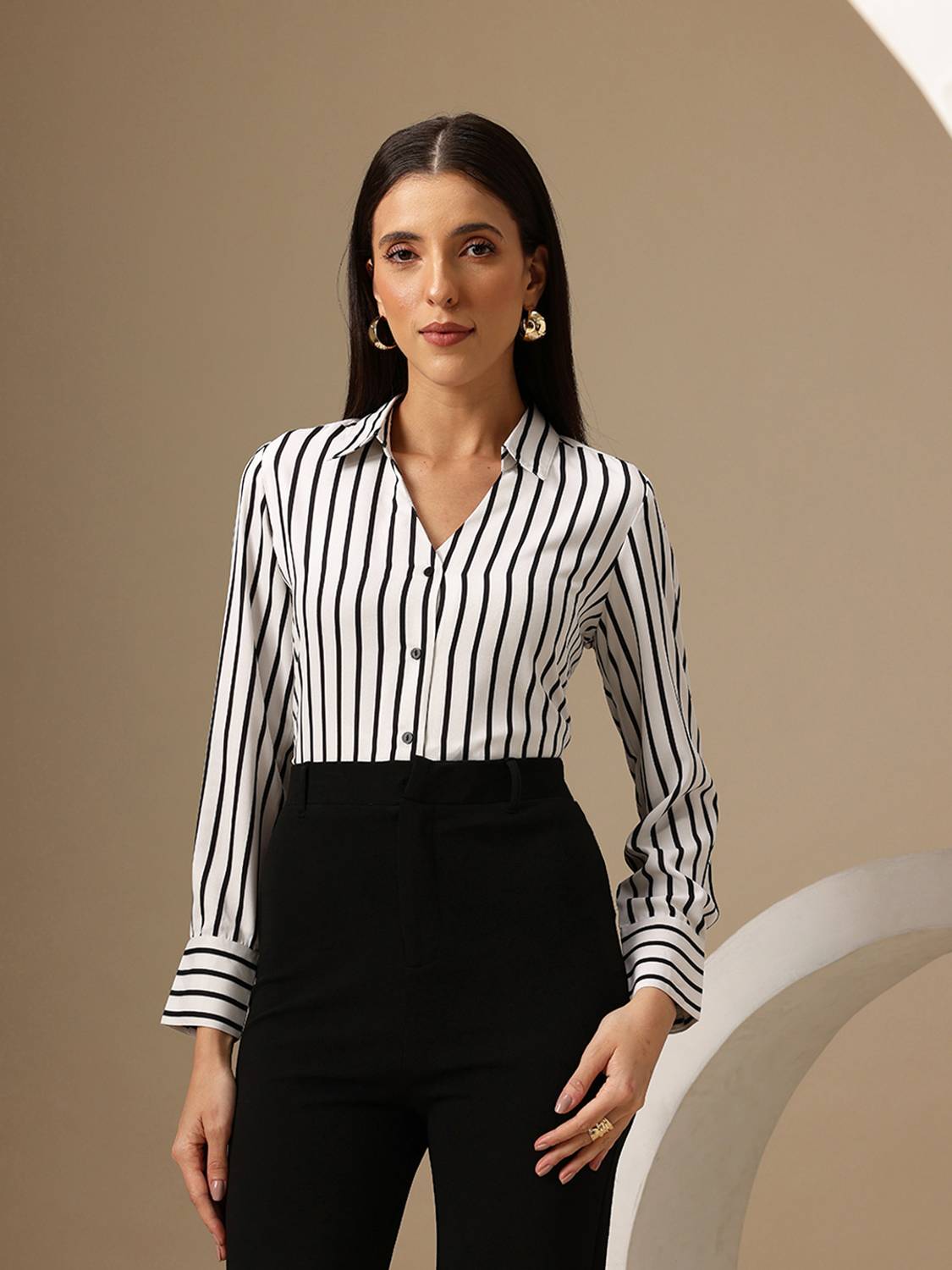 chemistry dress shirt CHEMISTRY Women Striped Casual White, Black Shirt
