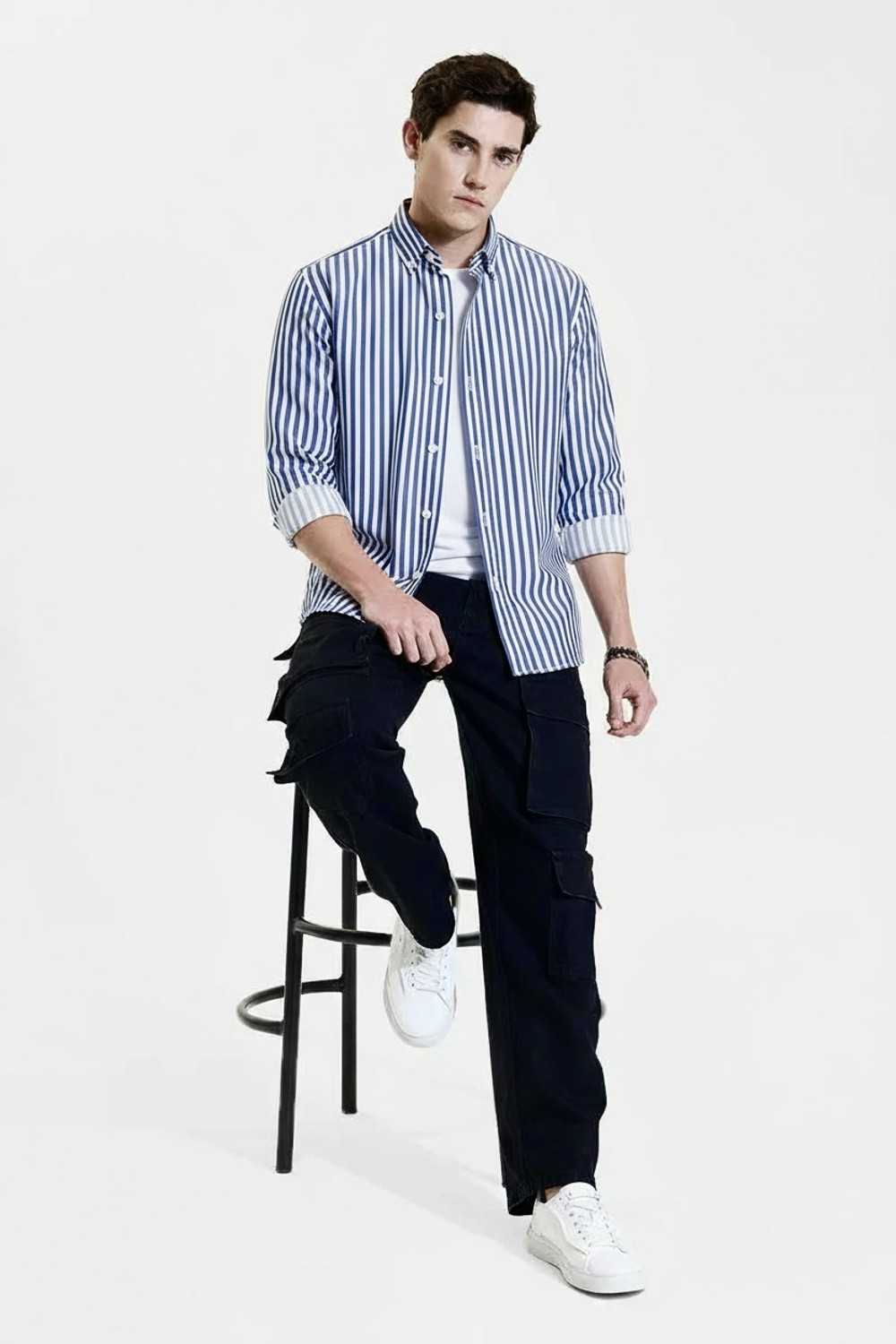 Image of RODEIZ Men Striped Casual Dark Blue, White Shirt