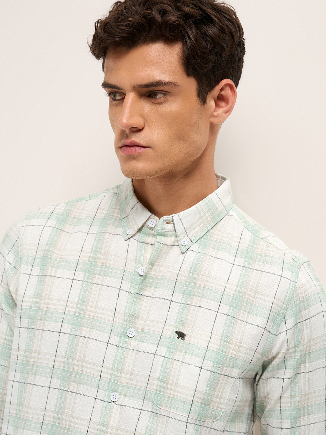 Image of THE BEAR HOUSE Men Checkered Casual Cream Shirt
