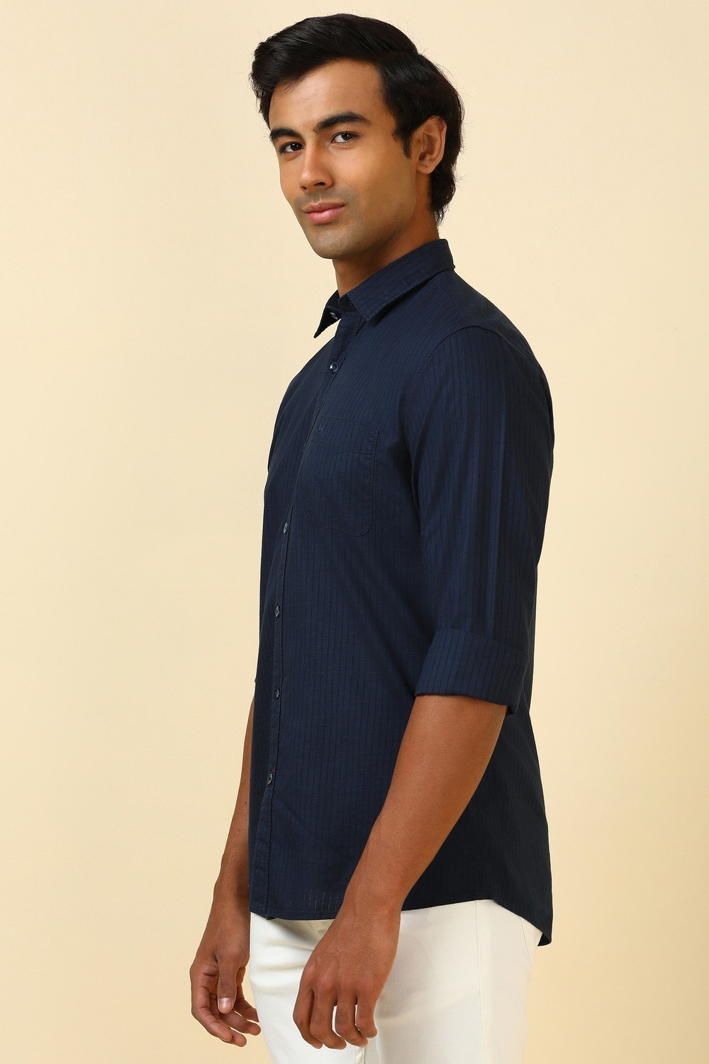 Image of Allen Solly Men Solid Casual Dark Blue Shirt