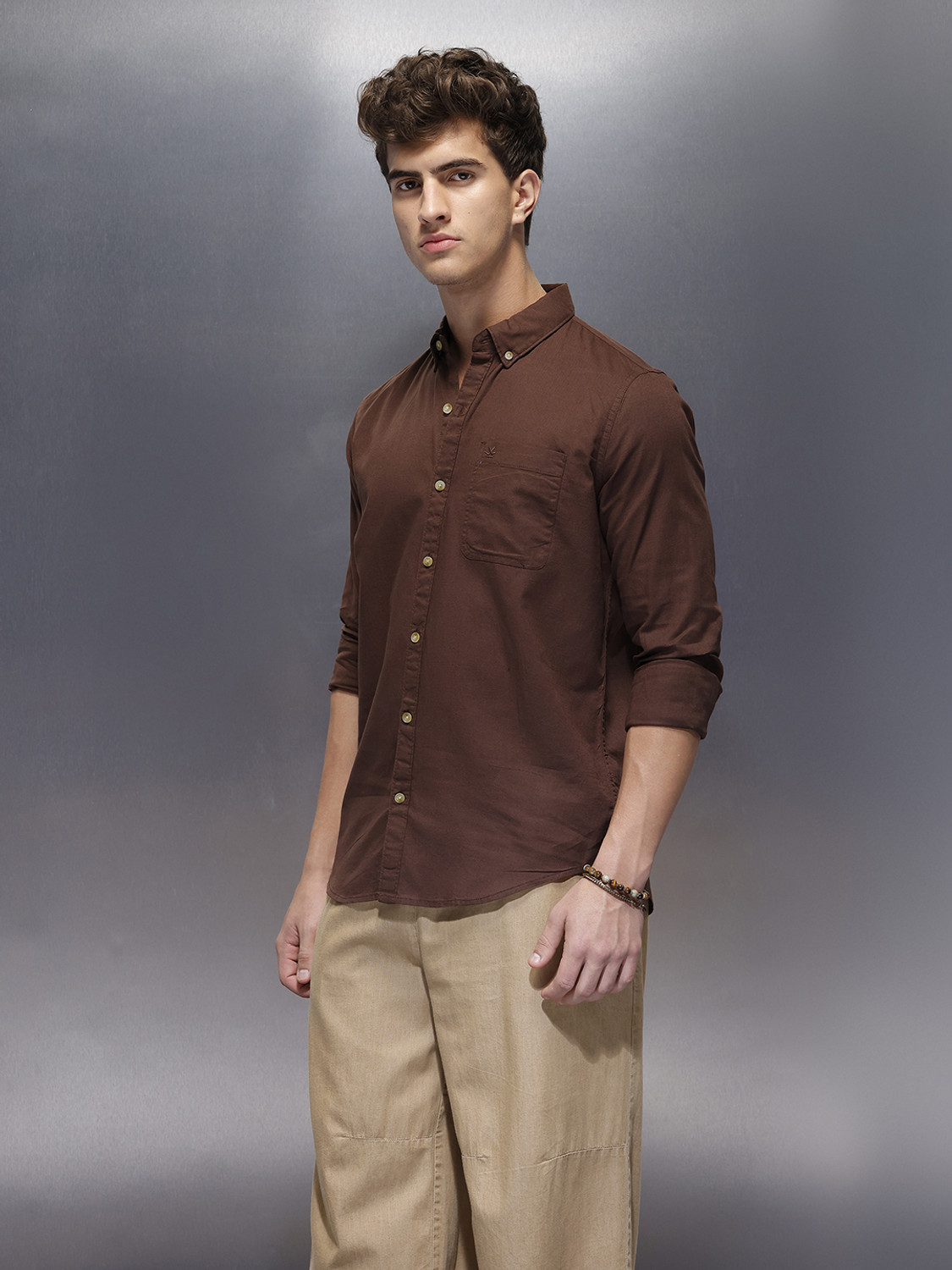 Image of WROGN Men Solid Casual Brown Shirt