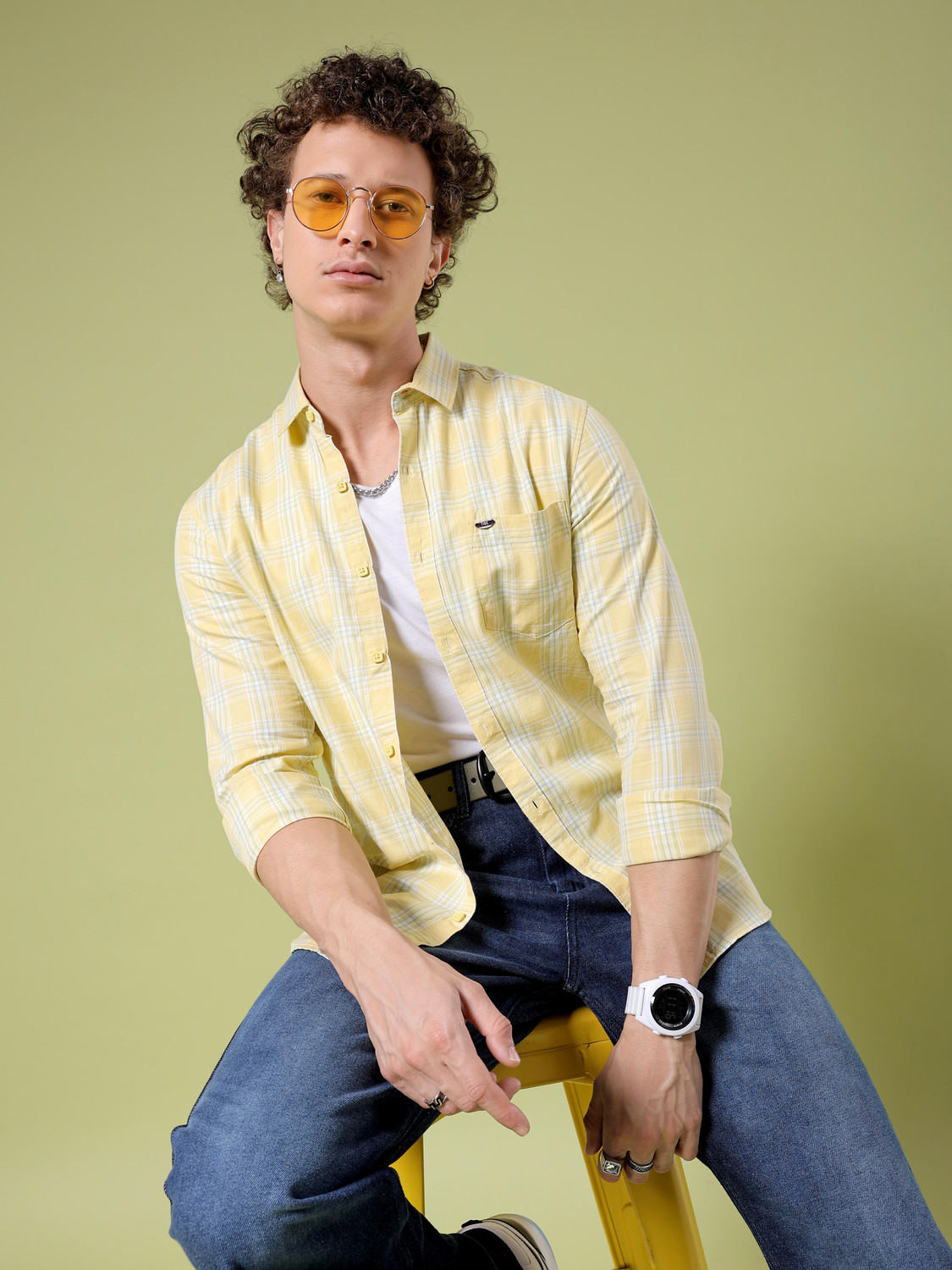 Image of The Indian Garage Co. Men Slim Fit Checkered Cut Away Collar Casual Shirt