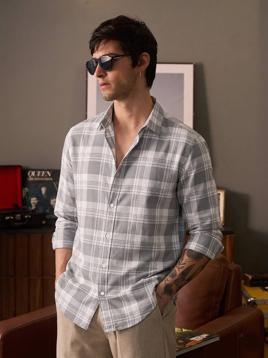 SHIRTZONE Men Checkered Casual Grey Shirt - Image 1