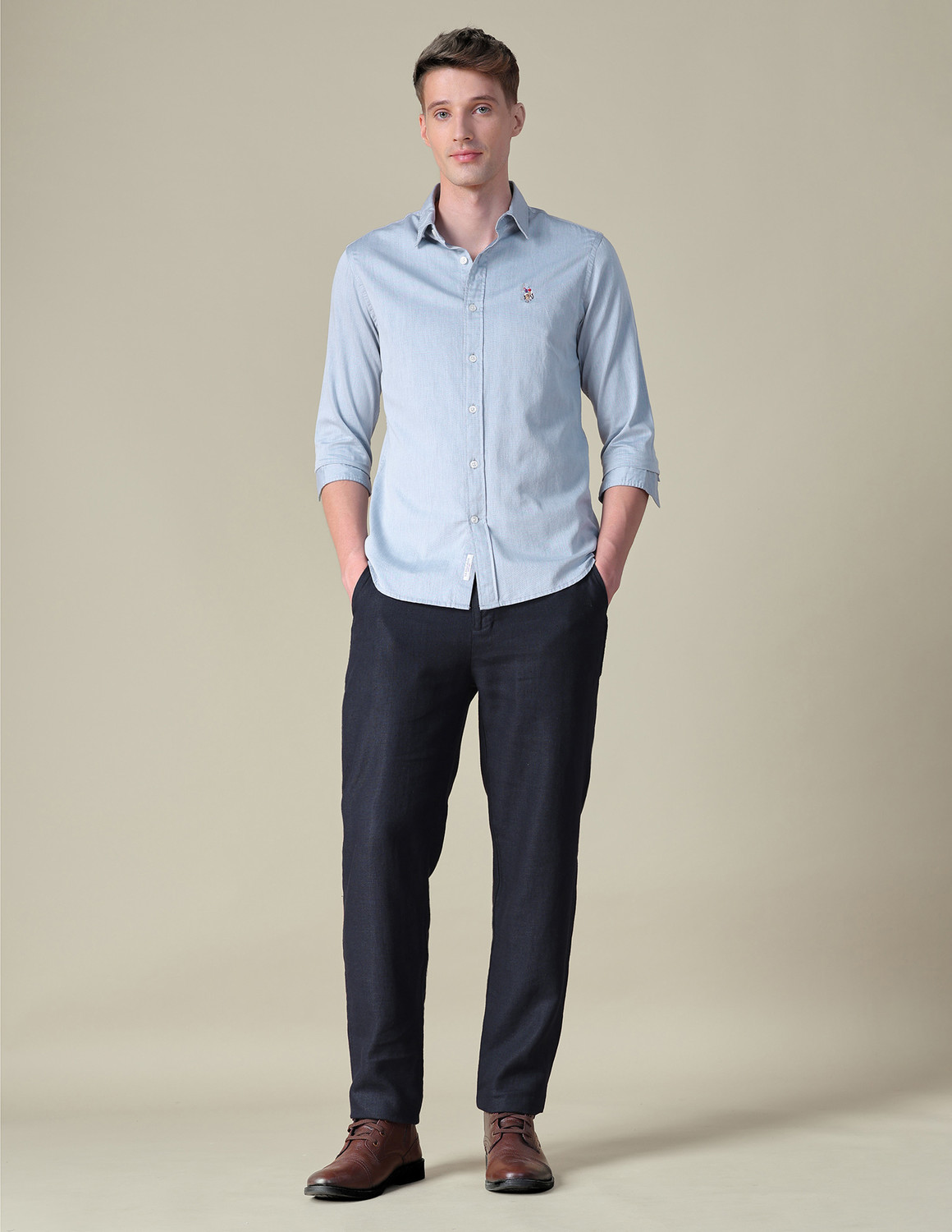 Image of U.S. POLO ASSN. Men Self Design Casual Blue Shirt