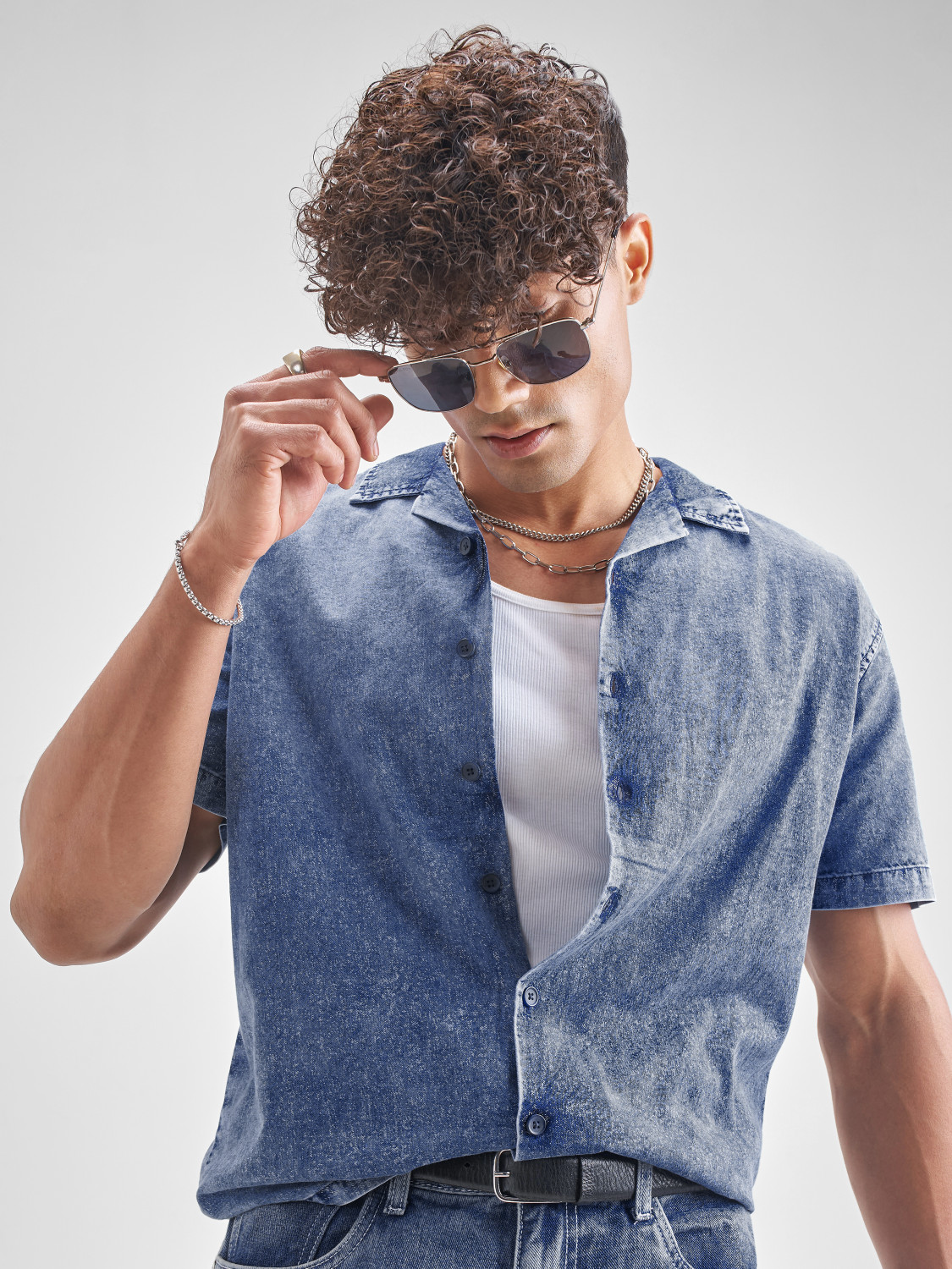 Image of LOCOMOTIVE Men Self Design Casual Blue Shirt