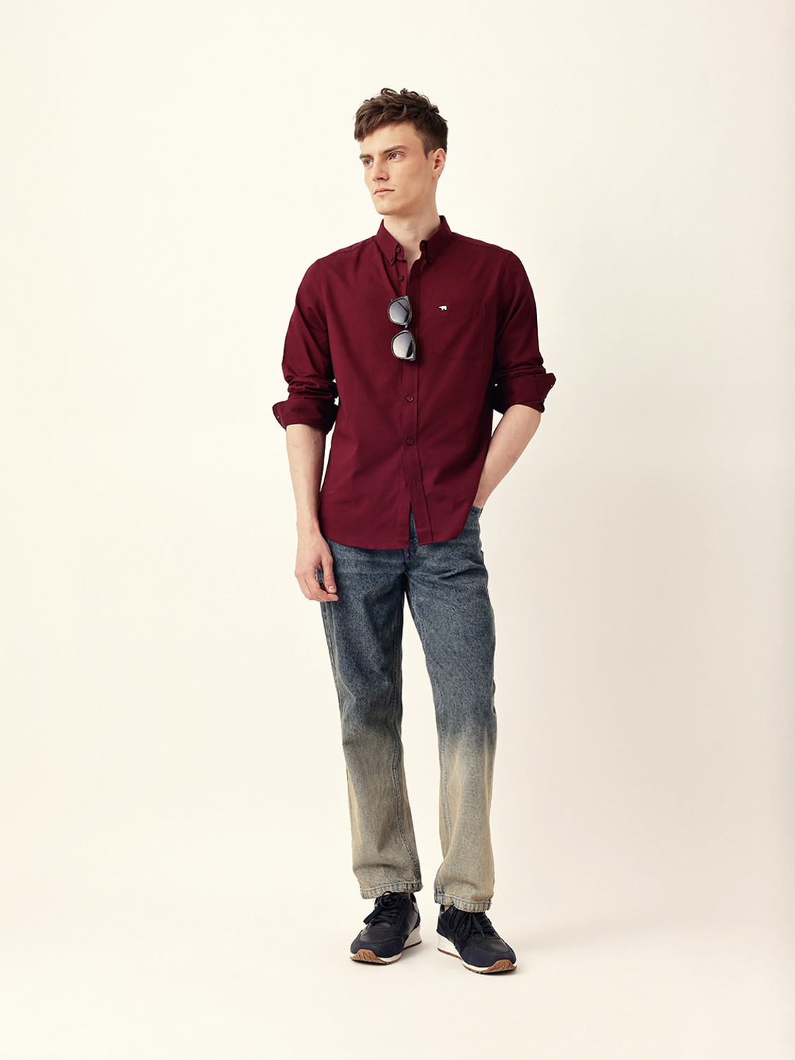 Image of THE BEAR HOUSE Men Solid Casual Maroon Shirt