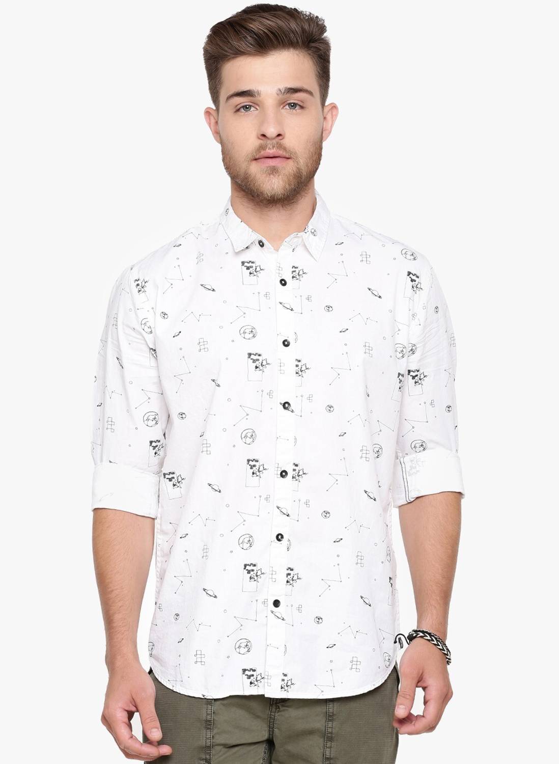 BREAKBOUNCE Men Printed Casual White Shirt