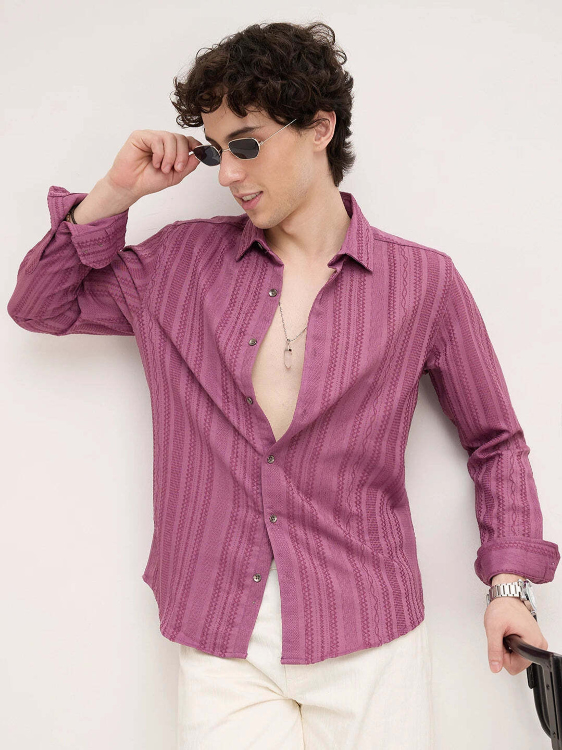 Image of VASTRADO Men Regular Fit Striped Cut Away Collar Casual Shirt