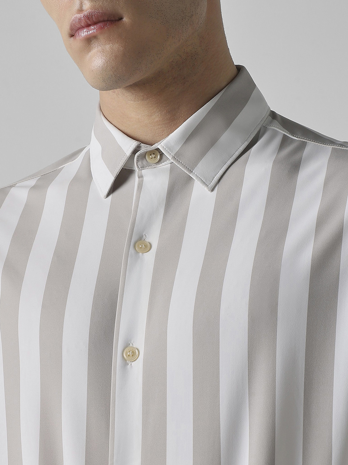 Image of MUFTI Men Striped Casual Grey Shirt