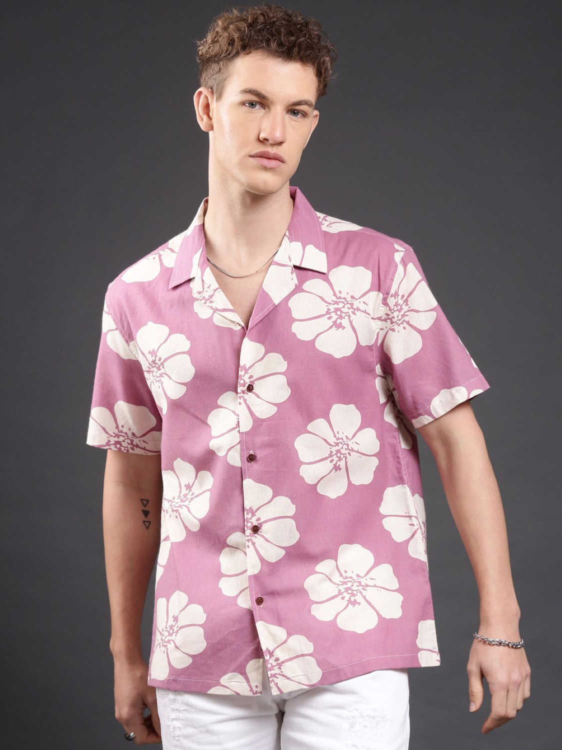Image of Voroxy Men Printed Casual Pink Shirt