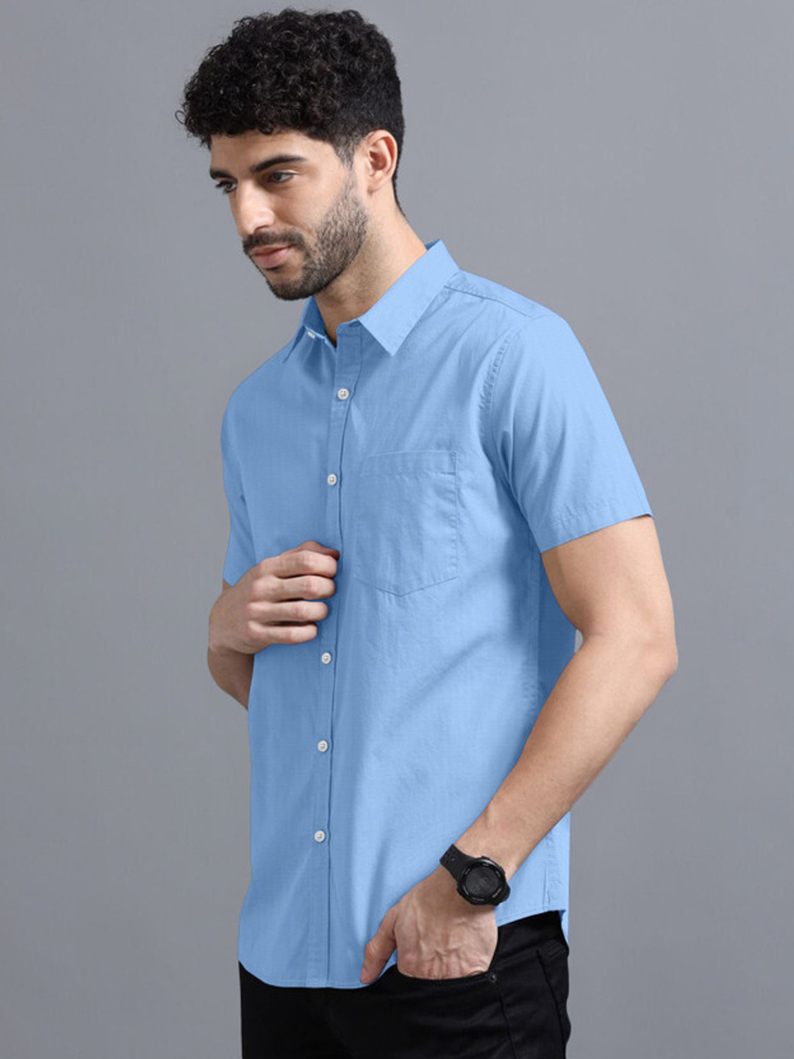 Image of Brown Deer Men Solid Casual Light Blue Shirt